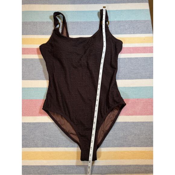 NWOT Brown Waffle One Piece Swimsuit Tortoise Rings Size Large - Picture 5 of 7